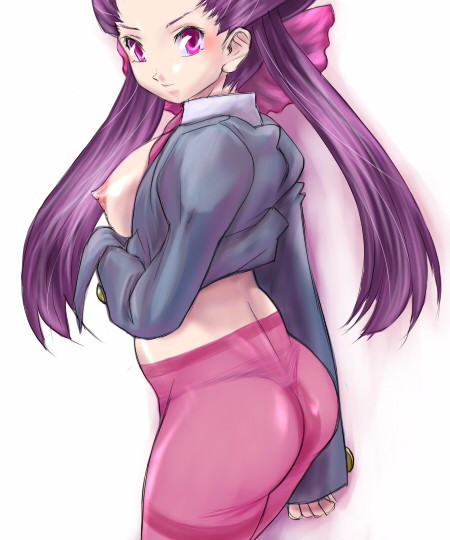 00s 1girls ass breasts brown_hair female female_only gym_leader hairbow human human_only long_hair nintendo nipples otsukare pale-skinned_female pale_skin panties panties_under_pantyhose pantyhose pink_eyes pink_legwear pokemon pokemon_rse purple_hair roxanne_(pokemon) simple_background solo source_request thong tied_hair twintails underwear white_background