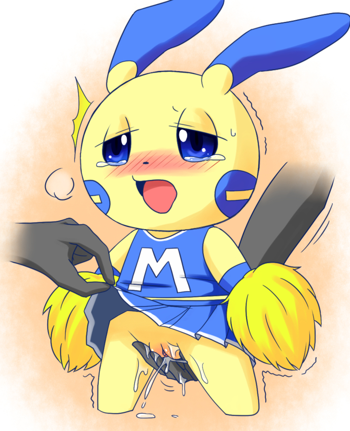 blush cheerleader clitoris disembodied_hand female fingering futsutsukamono half-closed_eyes minun nintendo open_mouth pokemon pokemon_(species) pom_poms pussy pussy_juice skirt skirt_lift standing sweat tears tongue tongue_out uniform vaginal_penetration