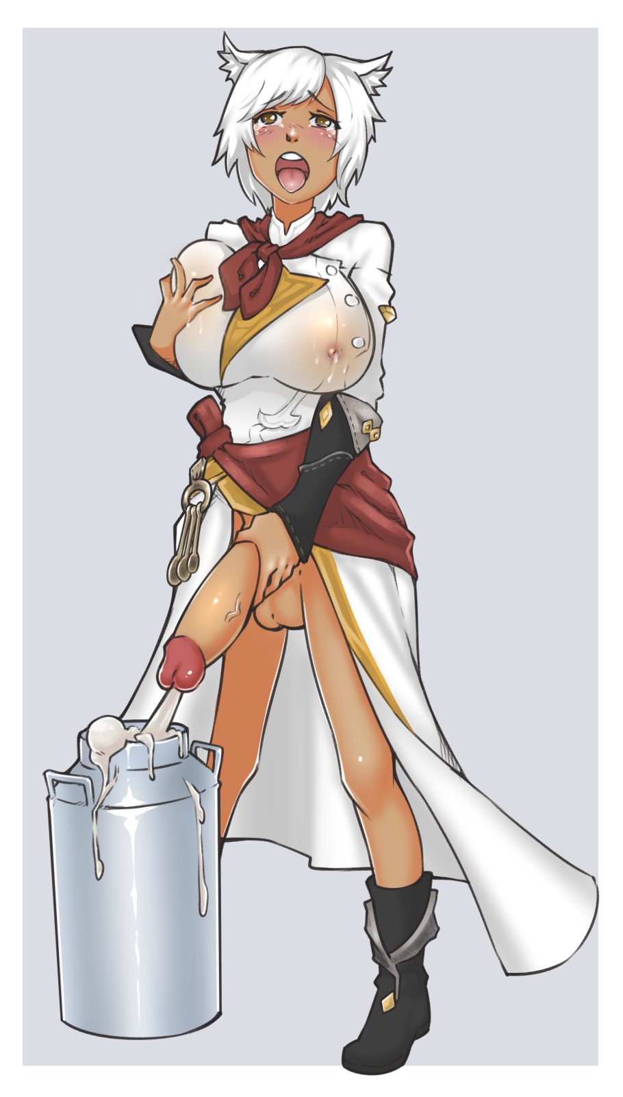 1futa, areolae, balls, big breasts, big penis, breasts, cum, cum in container, cumshot, erection, final fantasy, final fantasy xiv, futa only, futanari, intersex, large breasts, magnifire, masturbation, miqo'te, nipples, penis, solo, solo futa, testicles