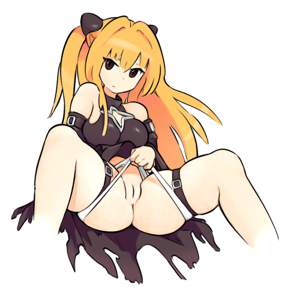 ass bare_legs black_dress blonde_hair breasts closed_mouth dress female full_body hair_ornament huge_ass innie_pussy knees_up konjiki_no_yami labia long_hair looking_at_viewer medium_breasts nude original pussy red_eyes simx sitting solo spread_ass teasing thick_thighs thigh_strap thighs to_love-ru uncensored underwear upskirt white_background white_panties white_skin wide_hips