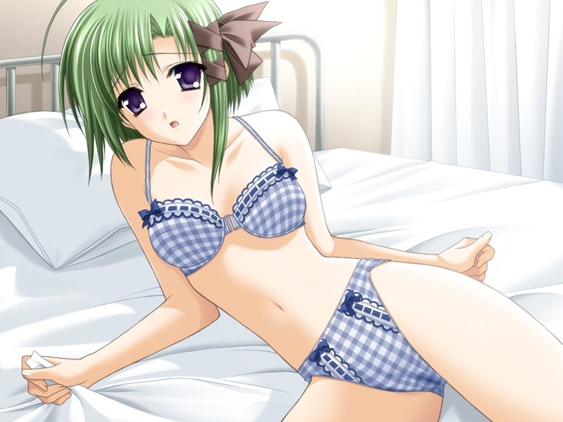 bed bra female game_cg green_hair panties photoshop pillow purple_eyes shigure_asa short_hair shuffle!