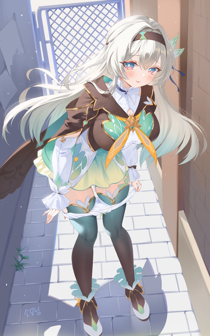 blushing, female, firefly (honkai: star rail), fully clothed, honkai: star rail, long hair, panties down, skirt, solo, solo female, thigh highs