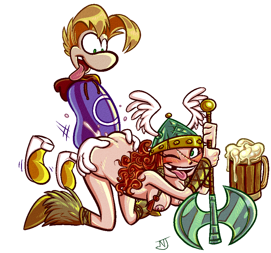 ambiguous_penetration axe barbara_(rayman) barbarian battle_axe beer cum cum_inside curly_hair doggy_style drunk female footwear green_eyes hair headgear helmet long_hair male mostly_nude rayman rayman_(series) rayman_legends red_hair sex tankard weapon