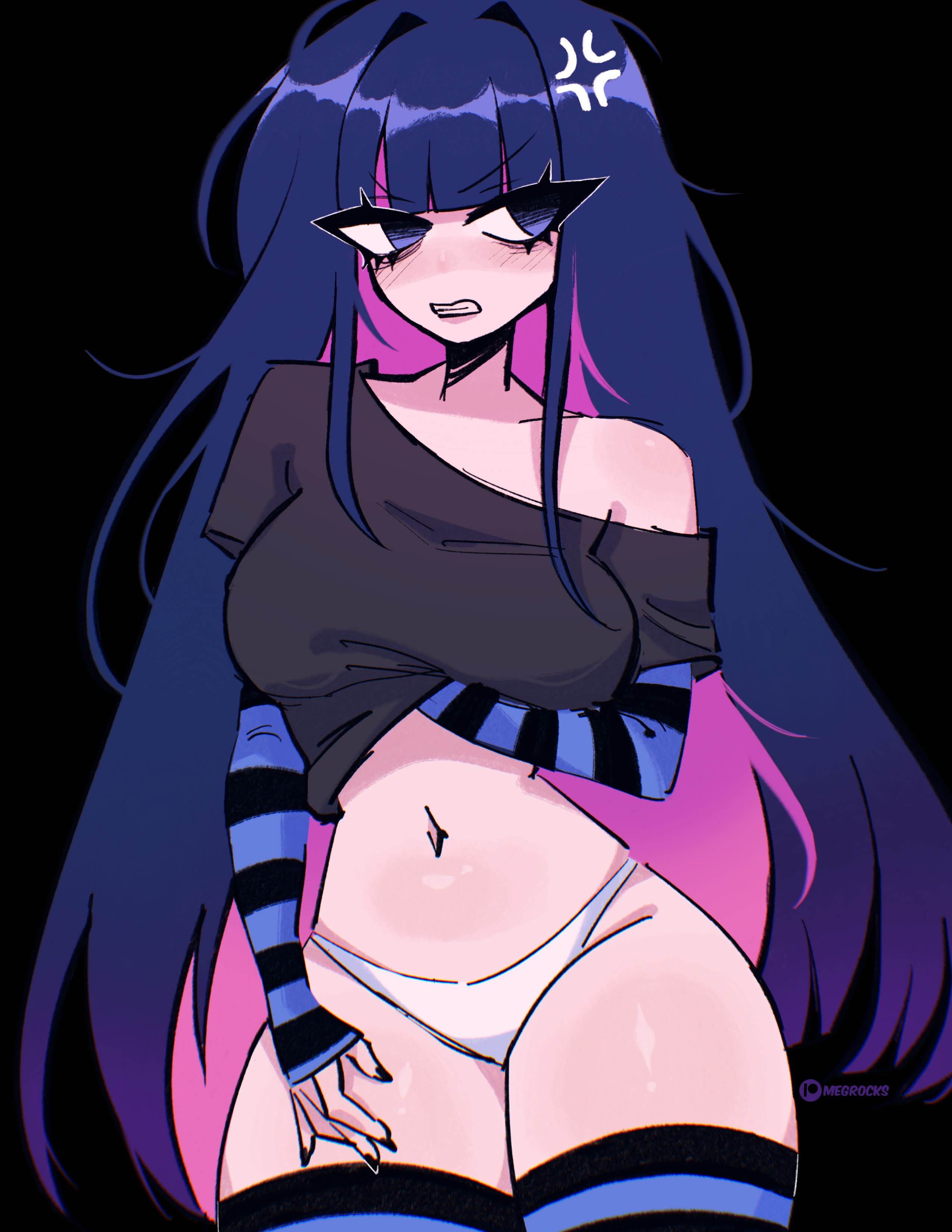1girls, 2025, anger vein, angry, blue eyes, blush, female, long sleeves, looking at viewer, megrocks, navel, no pants, off shoulder, painted nails, panties, panty & stocking with garterbelt, patreon username, standing, stocking anarchy, striped legwear, striped shirt, tagme, thighhighs, thighs, two-tone hair, very long hair, watermark, white panties