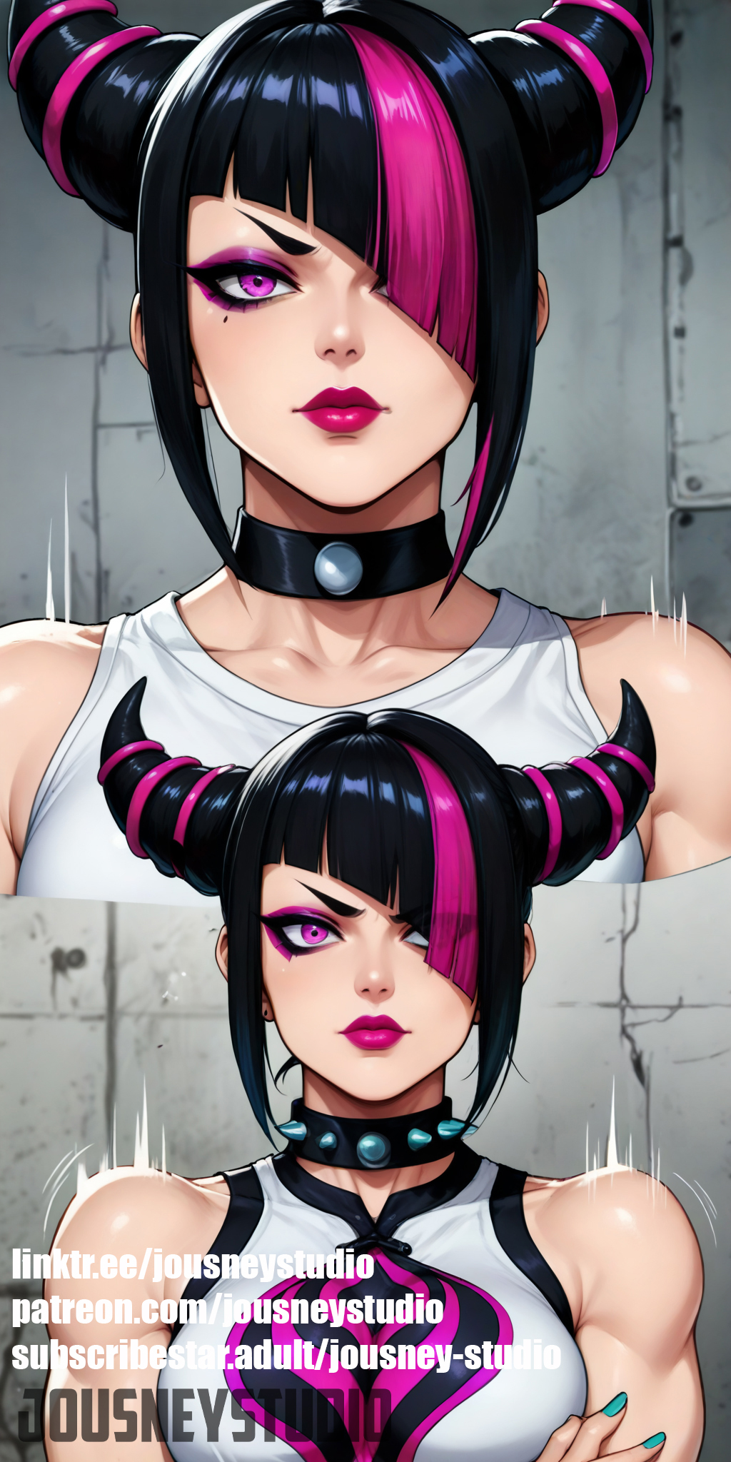 ai_generated aqua_nails bangs bare_shoulders black_hair breasts choker clothing collar cone_hair_bun english_language english_text eyeshadow female hair_bun hair_horns hair_over_one_eye horns jousneystudio juri_han large_breasts lips lipstick long_hair looking_at_viewer makeup meme mole mole_under_eye multicolored_hair nail_polish pink_hair profanity purple_eyes purple_hair shirt sleeveless spiked_choker spiked_collar spikes streaked_hair street_fighter street_fighter_6 text tied_hair two-tone_hair upper_body