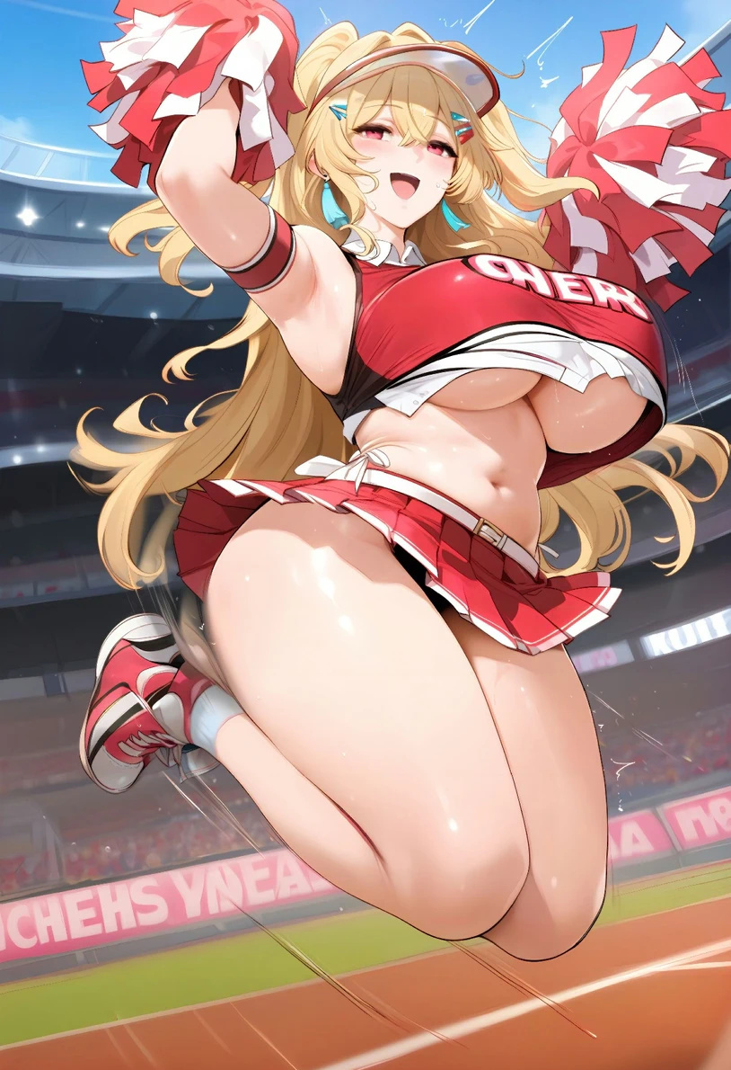 ai_generated bare_legs blonde_hair cheerleader gigantic_breasts goddess_of_victory:_nikke huge_breasts huge_thighs light-skinned_female light_skin looking_at_viewer massive_breasts moriaaa pink_eyes pom_poms smiling solo_female thick_body thick_female thick_thighs thighs twintails voluptuous voluptuous_female