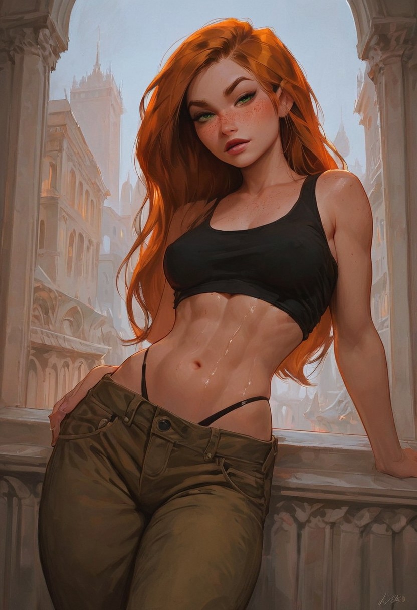 1girls abs ai_generated athletic_female black_panties cargo_pants crop_top disney female female_only fit fit_female freckles green_eyes heroineshowcase human kim_possible kimberly_ann_possible legs muscles muscular muscular_female muscular_legs muscular_thighs orange_hair panties quads red_hair red_head seductive smirk solo sweaty tease teasing thick_thighs thighs thong