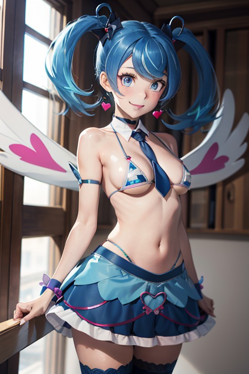 ai_generated blue_angel_(yu-gi-oh) blue_hair female micro_bikini miniskirt white_skin wings yu-gi-oh!_vrains