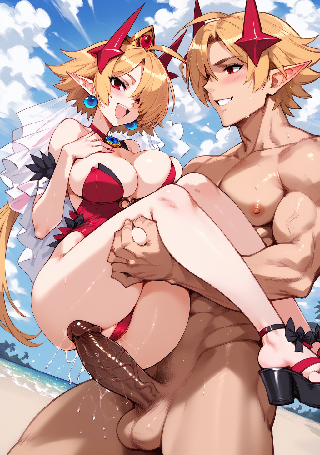 1boy 1girls 2d ai_generated beach big_breasts blonde_hair carrying demon demon_girl disgaea disgaea_rpg erection high_heels leotard lucy_(disgaea_rpg) nippon_ichi_software penis red_eyes red_leotard short_hair tagme