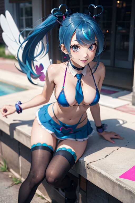 ai_generated blue_angel_(yu-gi-oh) blue_eyes blue_hair garter_belt garter_straps micro_bikini miniskirt stockings yu-gi-oh! yu-gi-oh!_vrains