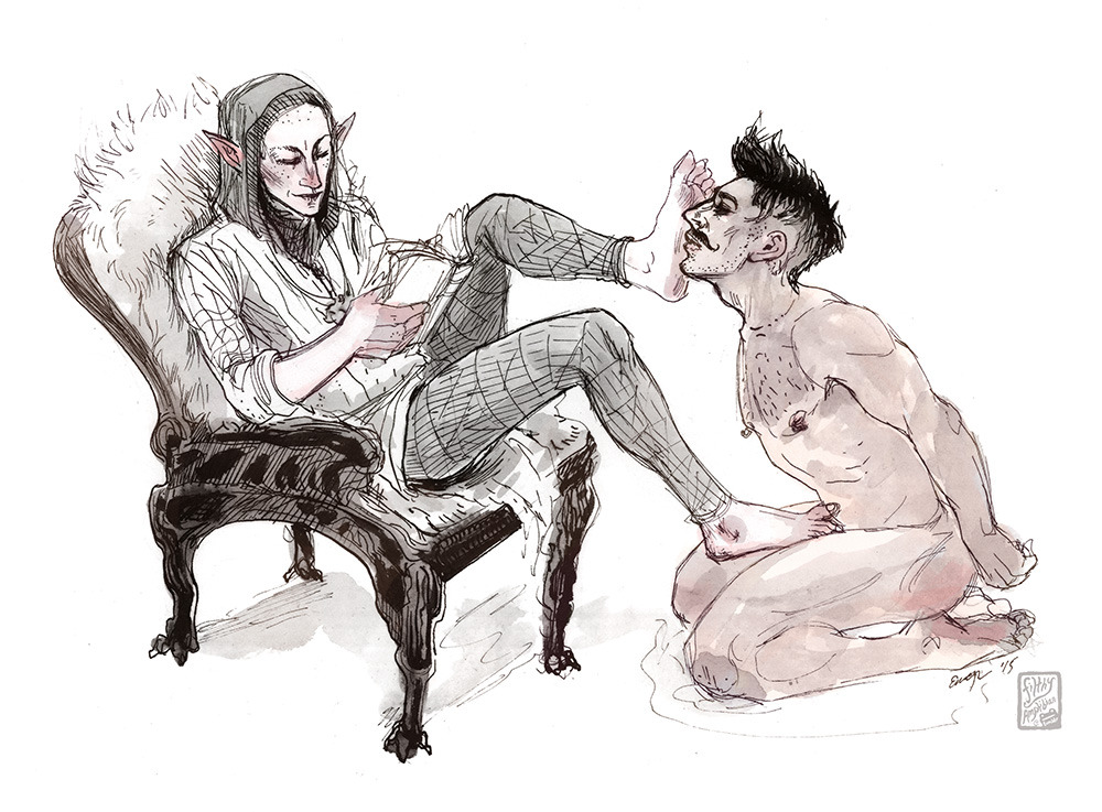 2boys armchair artist_signature bald bara beard_stubble biceps black_hair book chest_hair clothed clothed_male clothing dark_hair dominant_male domination dorian_pavus dragon_age dragon_age_inquisition duo elf elf_ears elf_male facial_hair fantasy feet foot_fetish foot_on_face foot_on_penis footjob gay gay_male gay_sex hairy_chest human light_skin light_skinned_male mage male male/male male_only moustache muscles muscular muscular_male naked naked_male nipple_piercing nipples nude nude_male pecs piercing pointy_ears reading reading_book sitting solas straight_male stubble submissive submissive_male tagme_(artist) unknown_artist video_games yaoi