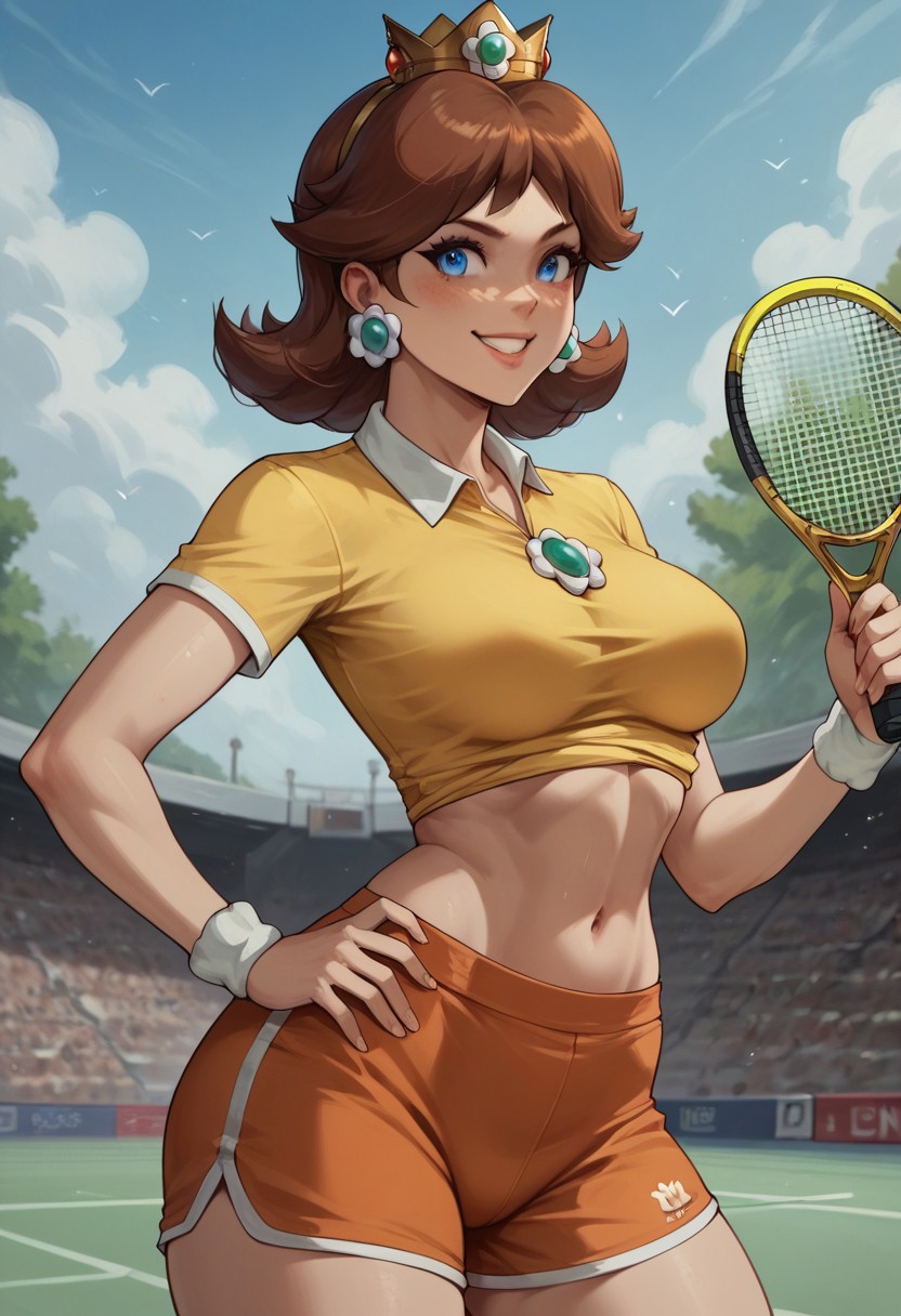 1girls 2d 2d_(artwork) 2d_artwork ai_generated athletic athletic_female blue_eyes blush blush_lines bracelet breasts brown_hair female female_only human human_female human_only light-skinned_female light_skin looking_at_viewer mario_(series) mario_tennis medium_breasts nai_diffusion nature nature_background navel nintendo orange_shorts princess_daisy shirt short_hair shorts smile solo solo_female stable_diffusion standing tennis_racket tennis_uniform video_game_character video_game_franchise video_games yellow_shirt