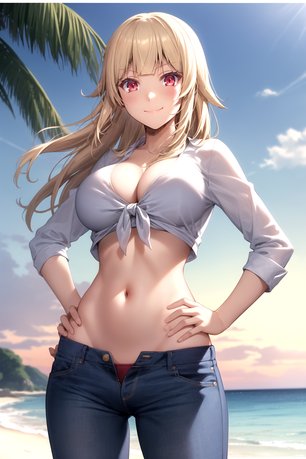 1girl ai_generated beach bikini bikini_under_clothes blonde_hair blue_pants blue_sky blush breasts cleavage closed_mouth cloud collarbone cowboy_shot crop_top day denim female front-tie_top gokukoku_no_brynhildr hands_on_own_hips jeans large_breasts long_hair long_sleeves looking_at_viewer midriff navel ocean open_fly outdoors palm_tree pants pixiv red_bikini red_eyes rena_aikawa_(pixiv_user) shirt sky smile solo stable_diffusion standing stomach sunlight swimsuit tachibana_mina_(gokukoku_no_brynhildr) tagme tied_shirt tree white_shirt