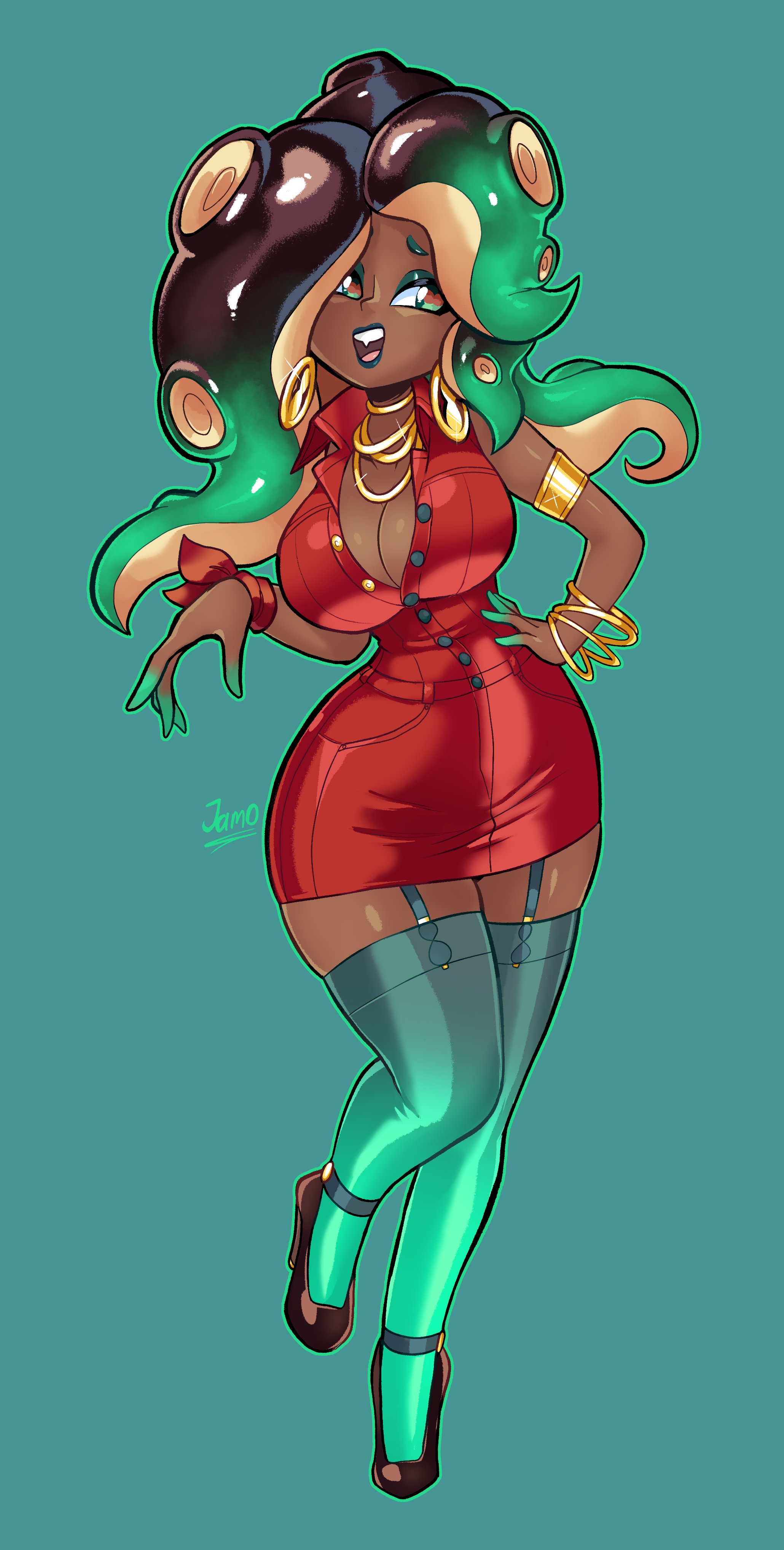 1girls, absurdres, bracelet, breasts, cleavage, curvy, dark skin, dark-skinned female, earrings, eyeshadow, fangs, female, female focus, female only, full body, green eyes, hand on own hip, high heels, highres, jamoart, jewelry, large breasts, lipstick, makeup, marina (splatoon), nintendo, secretary, simple background, skindentation, solo, splatoon, splatoon (series), splatoon 2, stockings, tentacle hair, thick thighs, thighs, wide hips