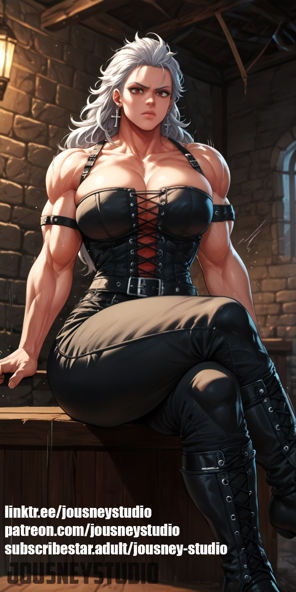 abs ai_generated belt boots breasts cleavage clothing corset crossed_legs dorohedoro earrings english_text female female_only footwear jewelry jousneystudio large_breasts long_hair looking_at_viewer muscle muscular_female noi_(dorohedoro) pants red_eyes scar sitting solo thick_thighs thighs veins watermark web_address white_hair