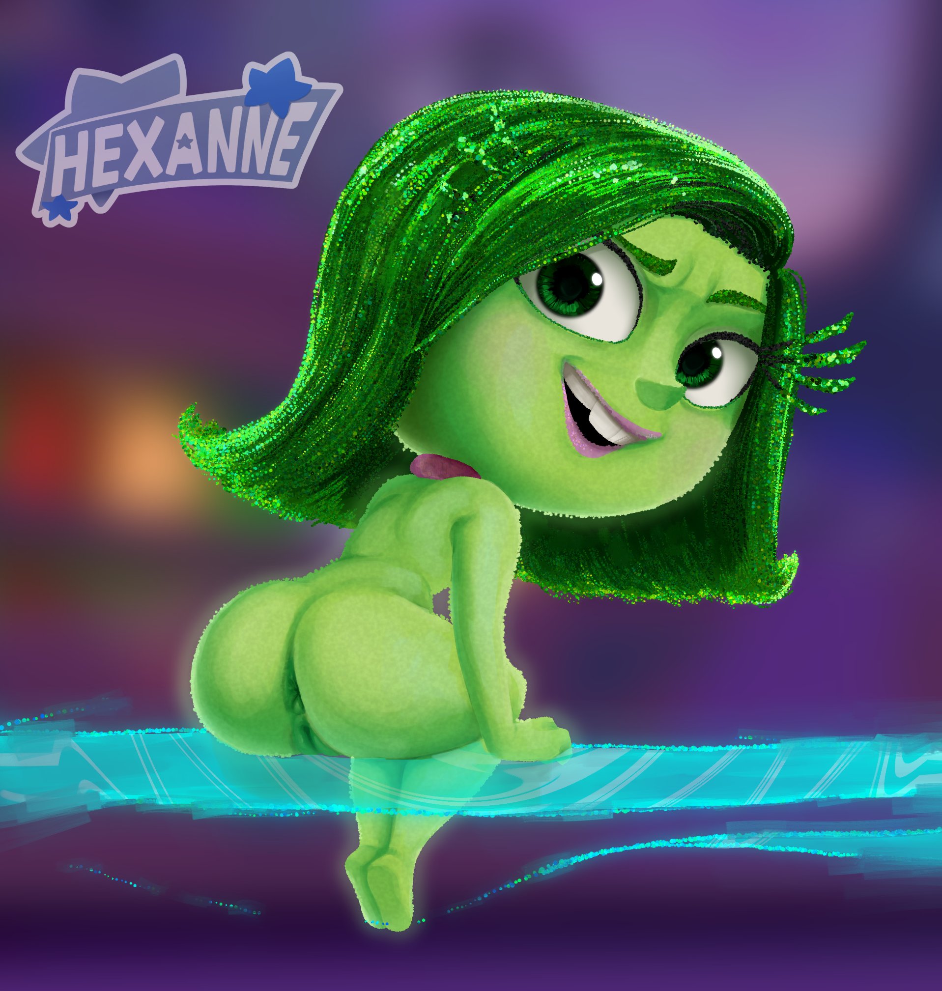 1girls, 2024, anus, ass, ass focus, back view, blurry background, completely nude, curvy, curvy body, curvy figure, disgust (inside out), disney, female, green eyes, green hair, green skin, hexanne, inside out, nude, nude female, on model, pixar, pussy, sitting, smirk