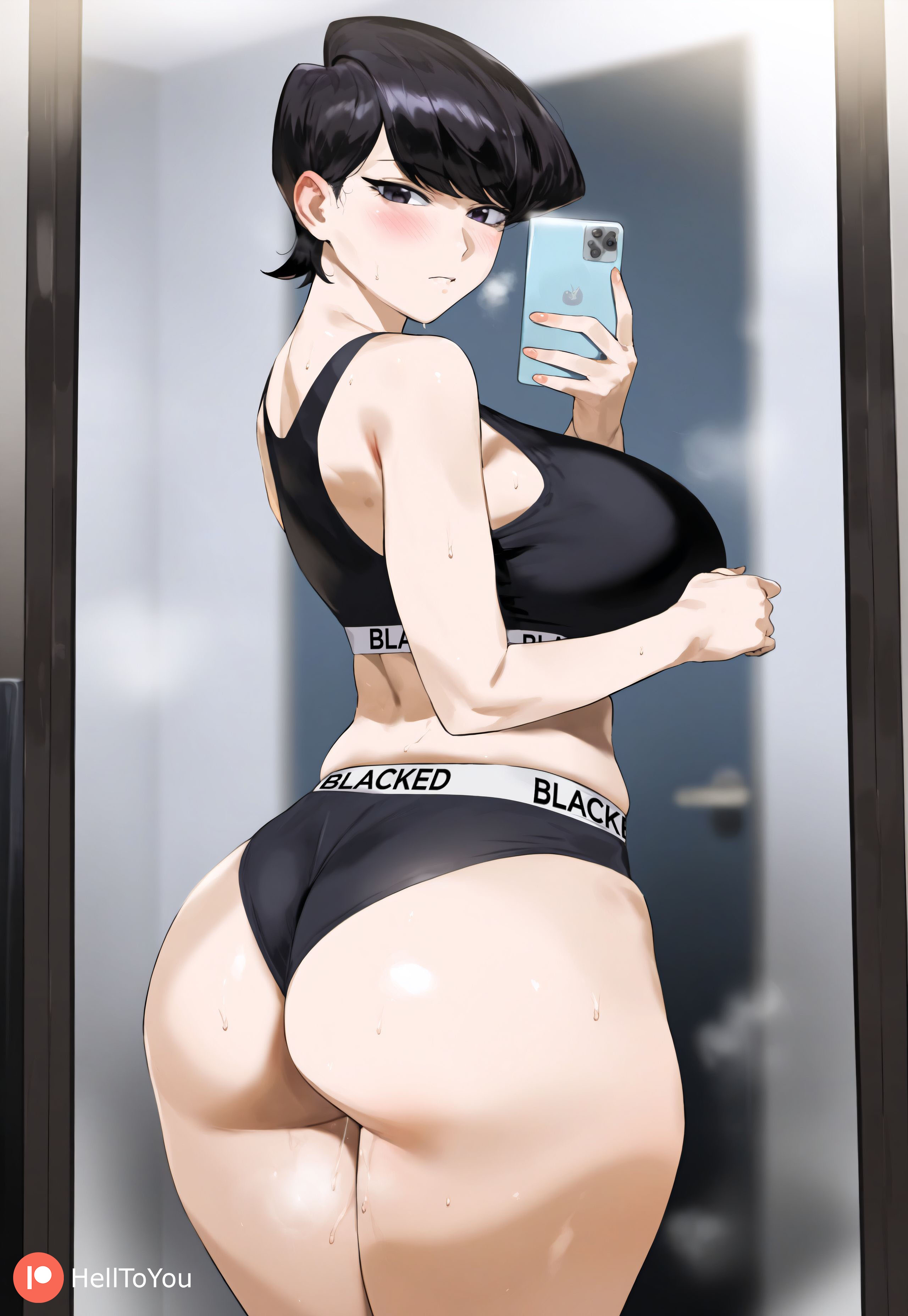 1milf, 2024, ai generated, asian, asian female, ass, black bra, black clothing, black hair, black panties, black sports bra, blacked, blacked clothing, breasts, cellphone, fat ass, female, female only, gym uniform, helltoyou, holding object, holding phone, huge ass, huge breasts, huge butt, komi shuuko, komi-san wa komyushou desu, light skin, light-skinned female, mirror, mirror selfie, novelai, patreon, patreon logo, phone, selfie, short hair, smartphone, solo, sports bra, thick thighs, voluptuous, voluptuous female