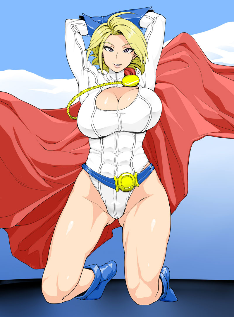 belt, blonde hair, boots, breasts, cape, cleavage, cleavage cutout, dc, dc comics, delusion (artist), female, hair, hands behind head, kneeling, large breasts, leotard, power girl, short hair, solo, superman (series)