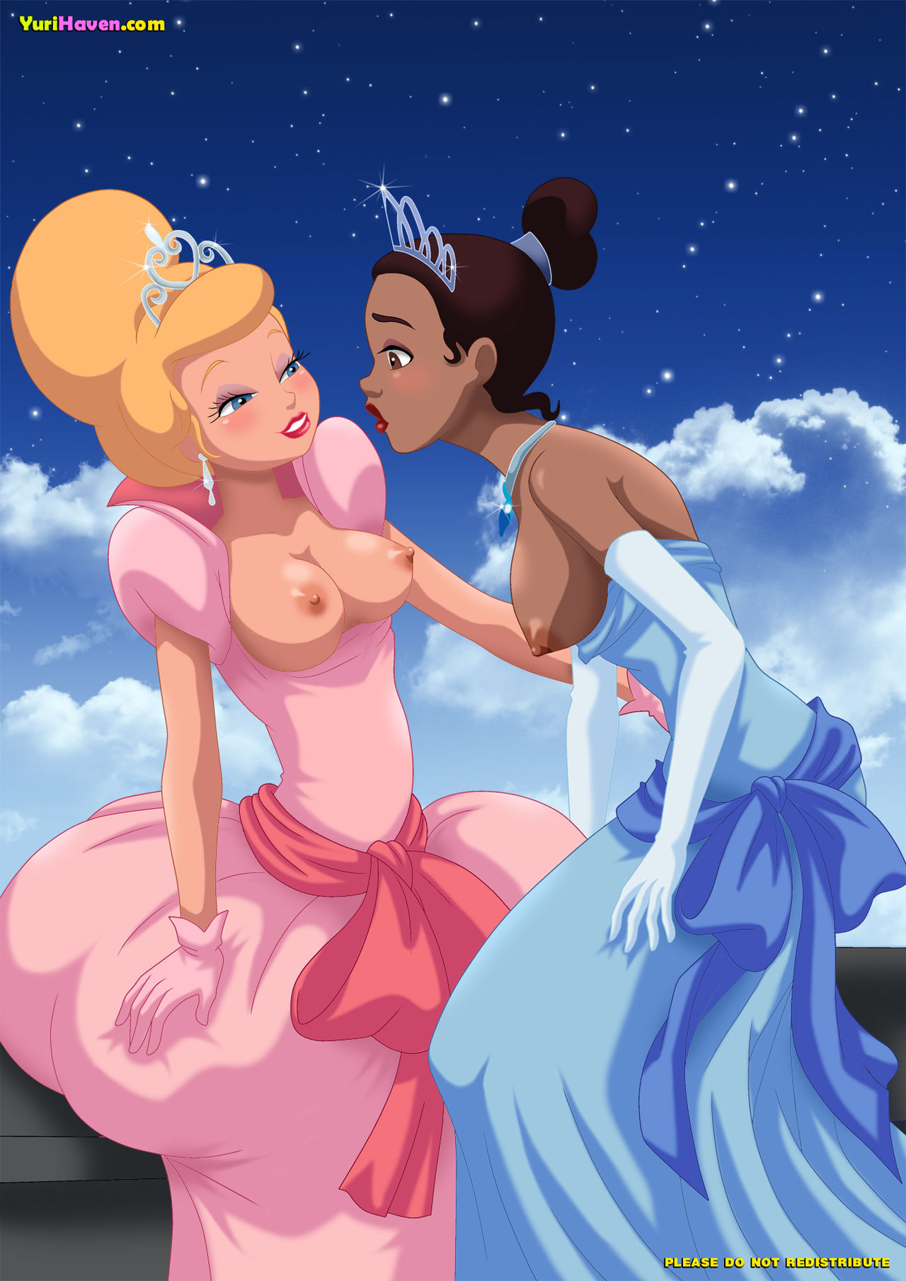 2girls bbmbbf boobs_out charlotte_la_bouff disney disney_princess dress_down female_only palcomix princess_tiana the_princess_and_the_frog tiana yuri yurihaven.com