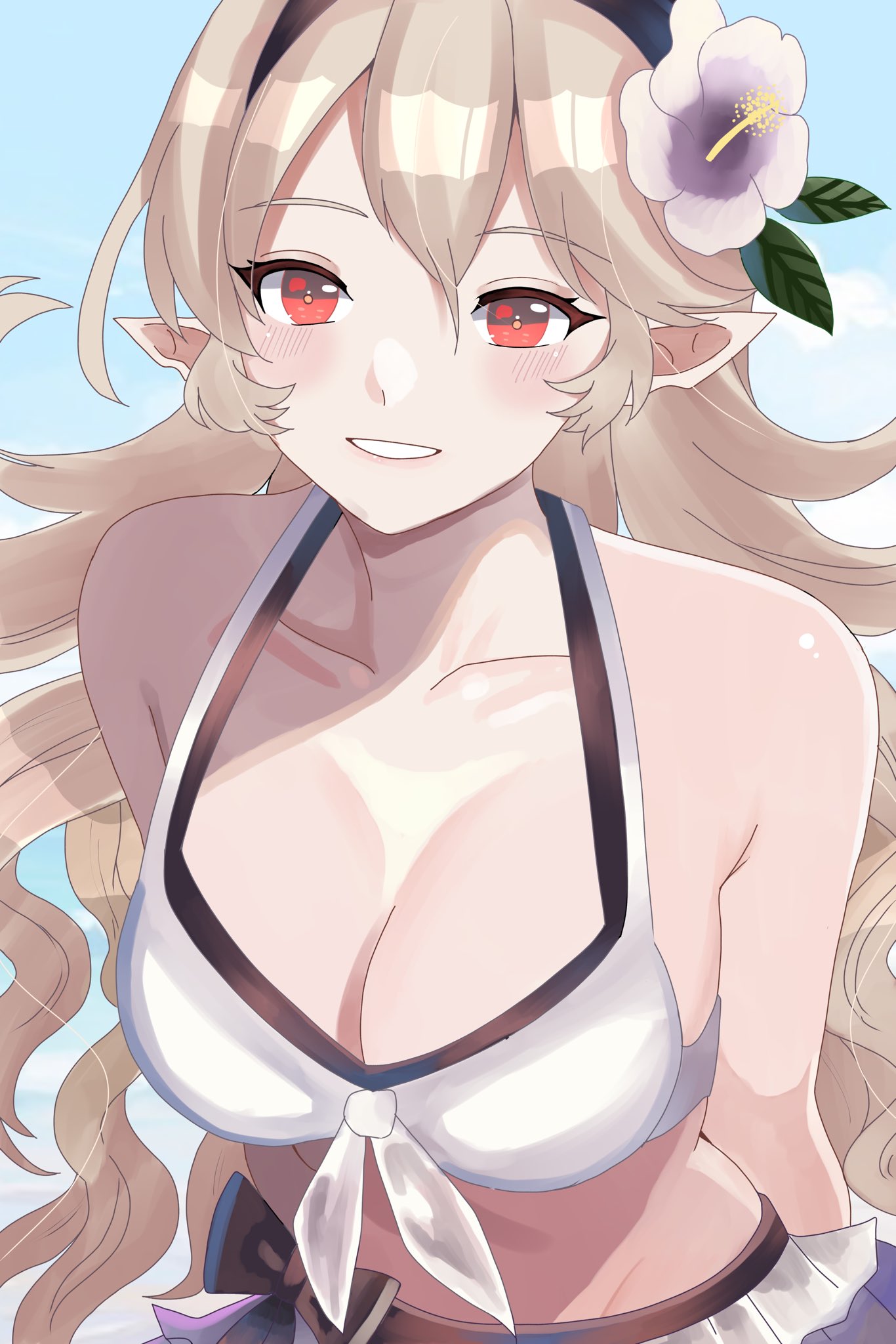 1girls alternate_costume bare_midriff bare_shoulders bikini bikini_skirt breasts cleavage collarbone corrin_(female)_(summer)_(fire_emblem) corrin_(fire_emblem) corrin_(fire_emblem)_(female) female female_only fire_emblem fire_emblem_fates fire_emblem_heroes flower grey_hair grin hair_flower large_breasts long_hair midriff n_54 nintendo official_alternate_costume pointy_ears red_eyes shoulders smile solo swimsuit upper_body very_long_hair white_bikini white_swimsuit