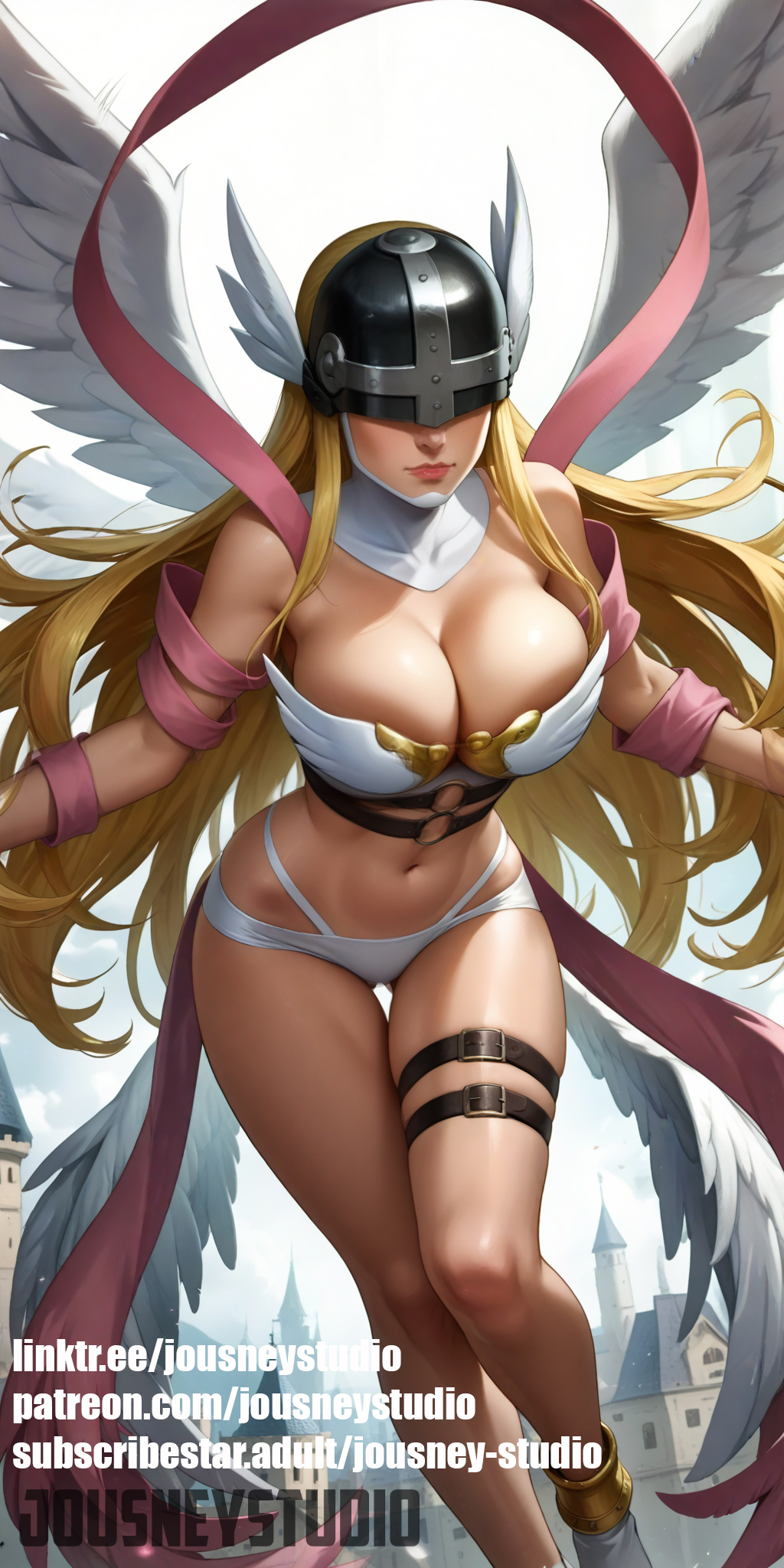 ai_generated angel angel_wings angewomon armor artist_name asymmetrical_clothes bare_shoulders blonde_hair breasts character_name cleavage closed_mouth clothing covered_eyes detached_collar digimon digimon_(creature) digimon_adventure english_text feathered_wings feathers female female_only footwear hagoromo head_wings headwear helmet jousneystudio large_breasts lips long_hair looking_at_viewer multiple_wings navel pink_ribbon ribbon shawl solo standing stomach thigh_gap thigh_strap thighs very_long_hair weapon white_footwear white_wings winged_helmet wings