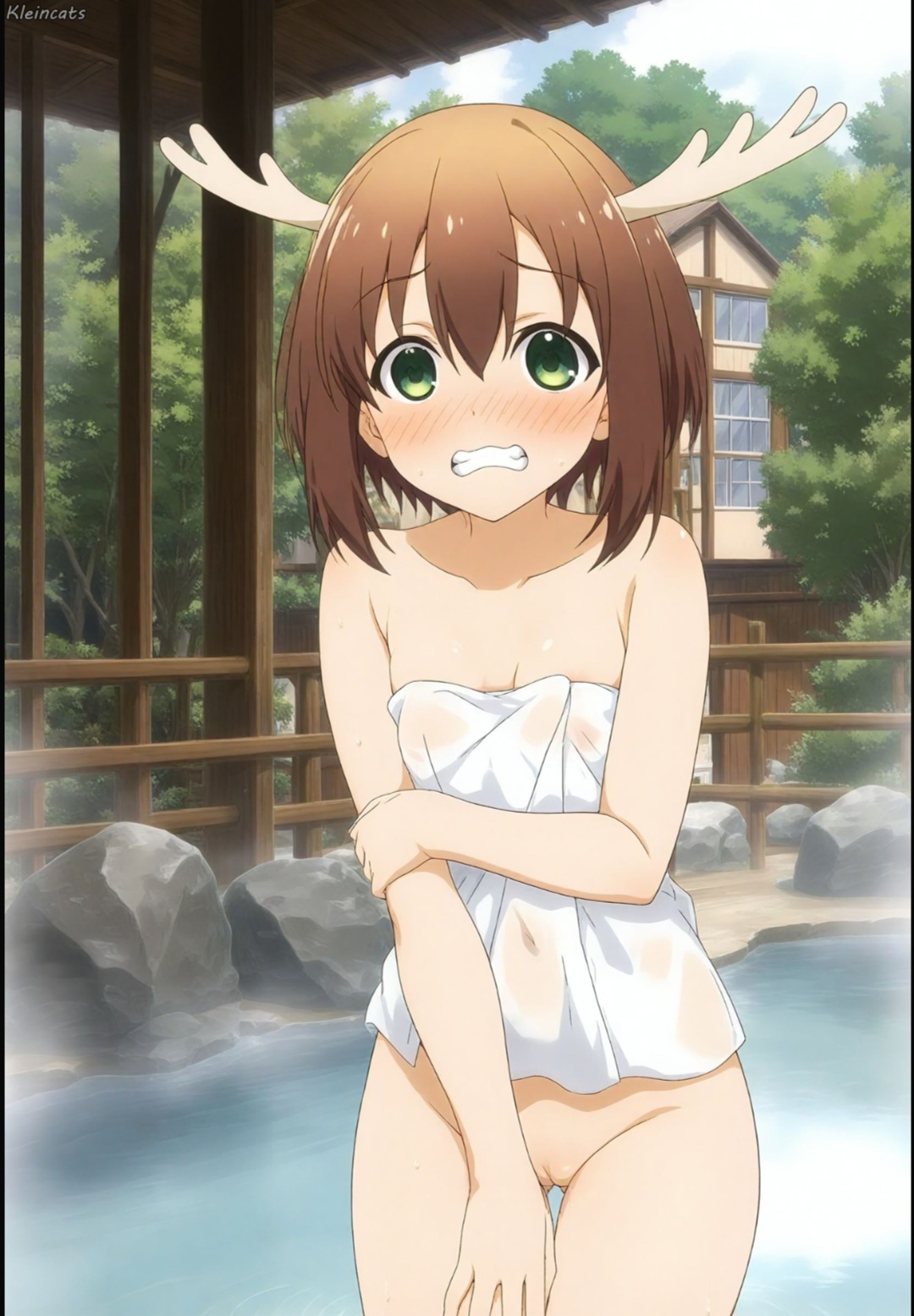 1girls, ai generated, ass, blush, embarrassed, female, half naked, naked, pussy, shikanoko noko, shikanoko nokonoko koshitantan, solo, solo female, solo focus, towel