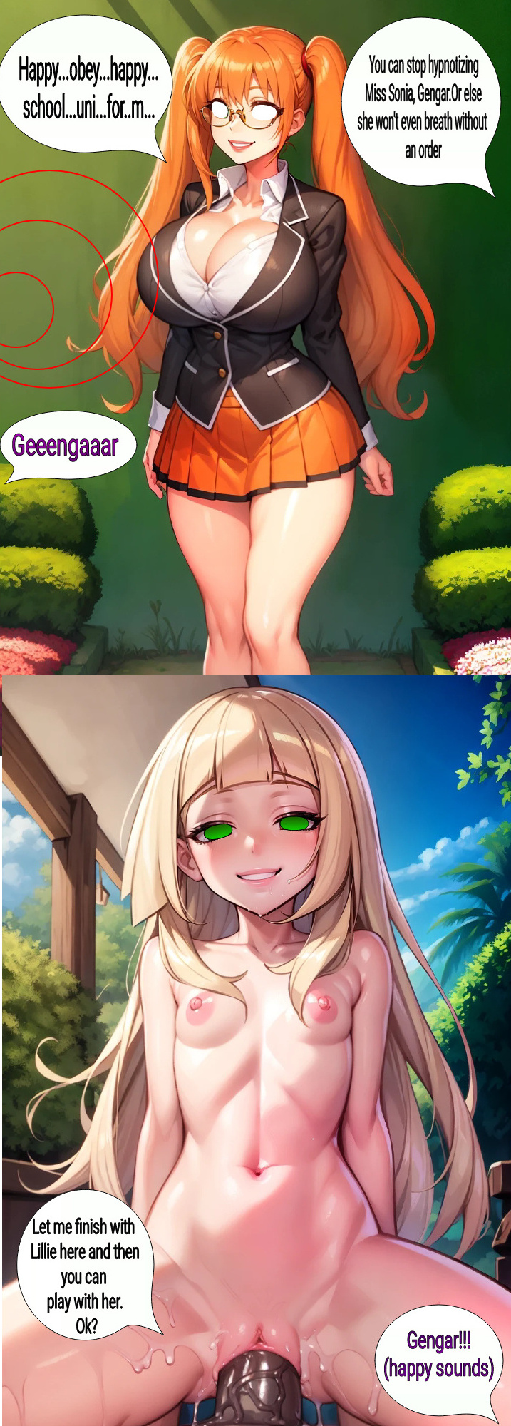 ai generated, blonde hair, brainwashing, breasts, empty eyes, female, garden, green eyes, happy sex, happy trance, hypnosis, lillie (pokemon), mind control, miniskirt, orange hair, pokemon, pussy, school uniform, small breasts, smile, sonia (pokemon), vaginal penetration
