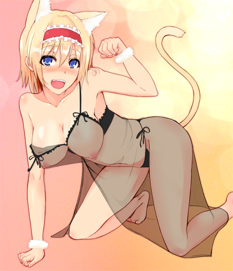 :d alice_margatroid animal_ears barefoot black_panties blonde_hair blush breasts cat_ears cat_tail collarbone feet female hairband jajao kemonomimi_mode large_breasts looking_at_viewer nipples open_mouth panties paw_pose see-through short_hair side-tie_panties smile solo tail toes touhou underwear underwear_only