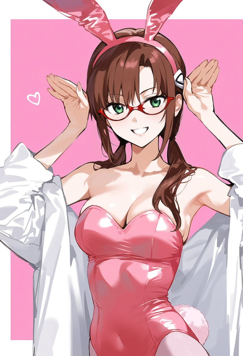 1girls ai_generated bare_shoulders brown_hair glasses lab_coat large_breasts mari_illustrious_makinami neon_genesis_evangelion pink_leotard playboy_bunny shoppy smile