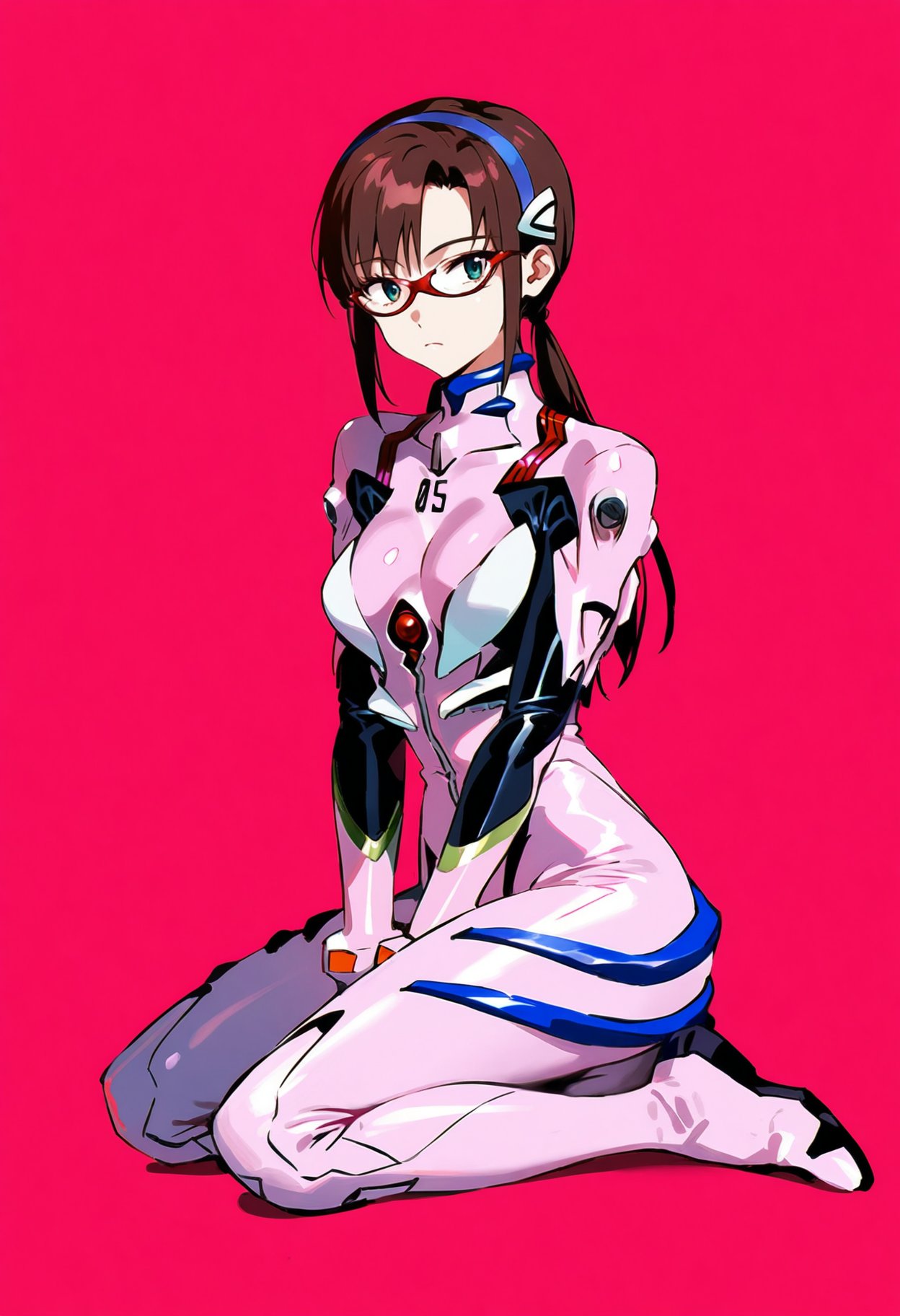 1girls ai_generated brown_hair full_body glasses kneeling neon_genesis_evangelion plugsuit serious shoppy tagme