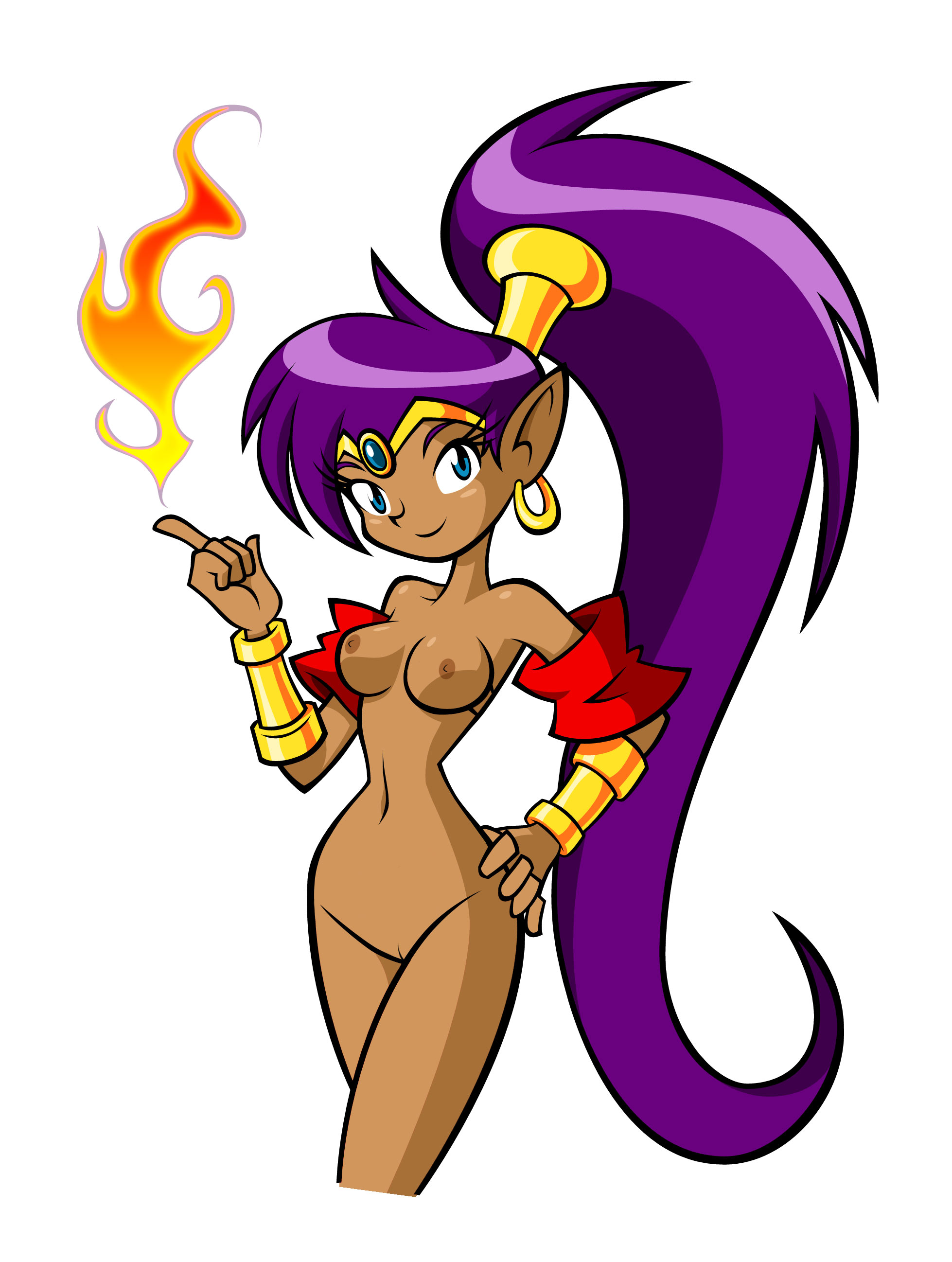 5 fingers, armlet, bindi, blue eyes, breasts, brown nipples, brown skin, closed mouth, color, cropped legs, dark skin, dark-skinned female, ear piercing, female, female only, fire, front view, genie, hair, hand on hip, index finger raised, long hair, looking at viewer, nipples, open eyes, piercing, pointy ears, ponytail, purple hair, pussy, shantae, shantae (character), smile, smooth skin, solo, standing, tied hair, vulva, white background