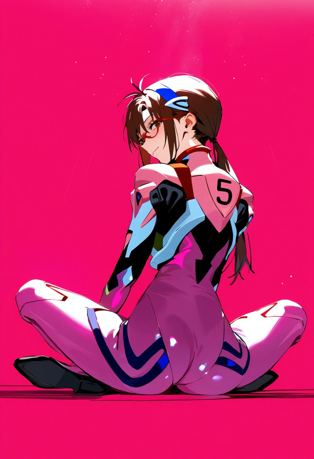 1girls ai_generated ass brown_hair full_body glasses looking_back mari_illustrious_makinami neon_genesis_evangelion pink_background plugsuit shoppy smile soles spread_legs