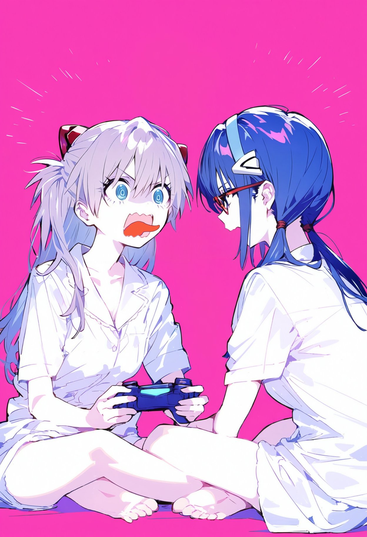 2girls ai_generated alternate_color alternate_costume asuka_langley_sohryu blue_hair controller feet glasses grey_hair hair_ornament looking_at_another mari_illustrious_makinami neon_genesis_evangelion open_mouth pajamas pink_background shoppy soles tongue_out video_games