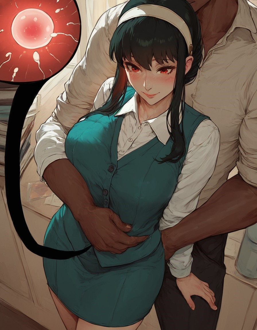 1boy 1boy1girl 1girls ai_generated aroused aroused_face aroused_female aroused_smile black_hair blush clothed dark-skinned_male female hand_on_belly heart impregnated impregnation l-major office_lady pale-skinned_female spy_x_family yor_briar yor_forger