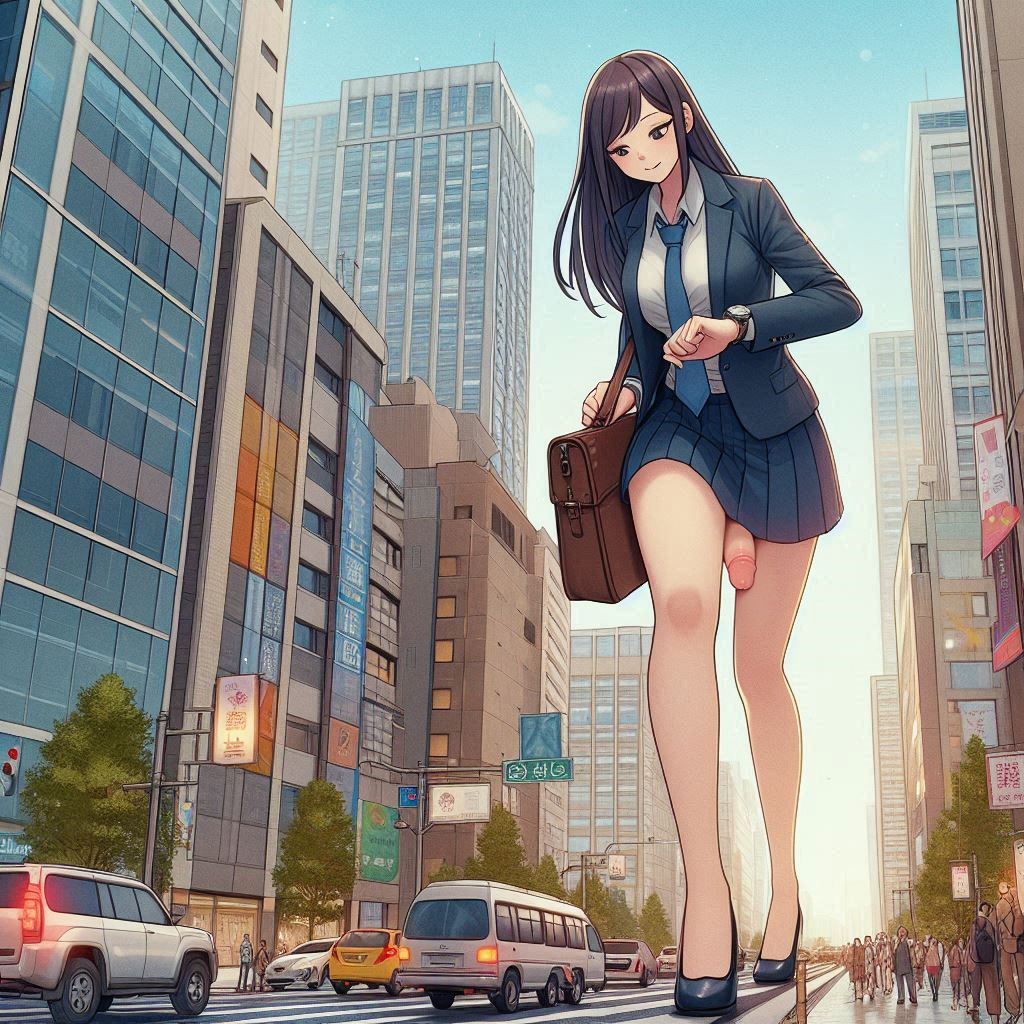 ai_generated big_penis black_hair city futa_only futanari giantess hanging_penis heels jacket large_penis light-skinned_futanari light_skin office_lady penis size_difference skirt smiling spalela tie