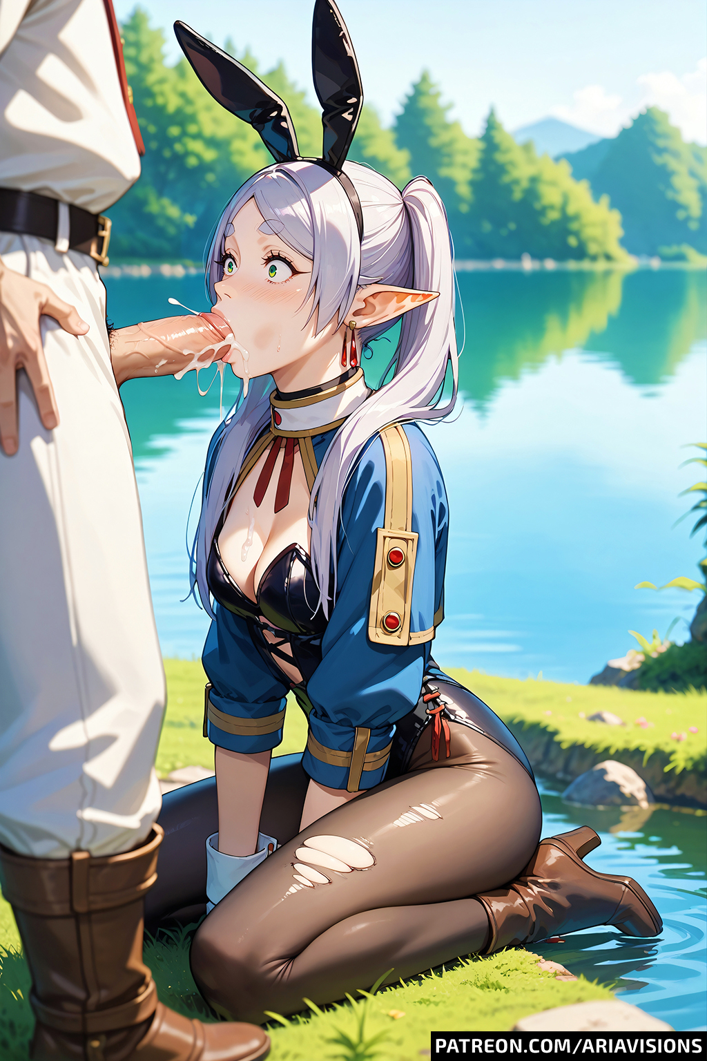 ai_generated ariavisions blowjob cum_in_mouth earrings elf elf_ears frieren frieren_beyond_journey's_end green_eyes kneeling sousou_no_frieren surprised thick_eyebrows twintails white_hair