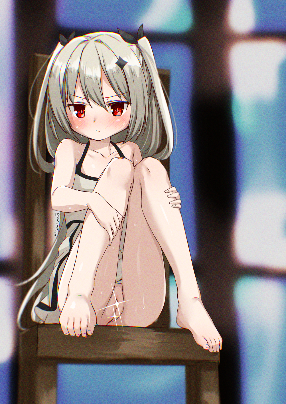 abutomato bare_legs barefoot blush dress feet_on_chair female grey_hair hair_between_eyes highres irina_kushu knees_together_feet_apart long_hair looking_at_viewer magia_record:_mahou_shoujo_madoka_magica_gaiden mahou_shoujo_madoka_magica no_panties on_chair pussy red_eyes sitting sleeveless sleeveless_dress solo sparkle_censor sparkle_hair_ornament twitter_username two_side_up