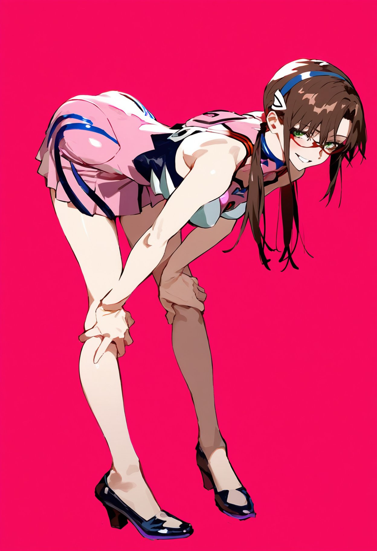 1girls against_wall ai_generated alternate_costume ass blush brown_hair glasses grabbing_own_leg mari_illustrious_makinami neon_genesis_evangelion shoes shoppy skirt smile twerking