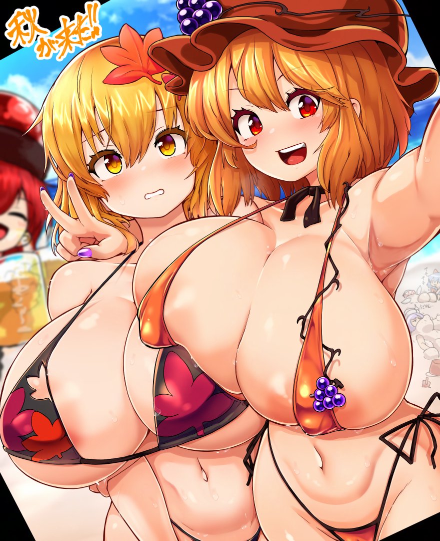 3girls almost_naked areolae armpits beach belly belly_button big_areola big_breasts bikini blonde_hair blush breasts breasts_bigger_than_head cirno color colored curvy curvy_female curvy_figure erect_nipples erect_nipples_under_clothes female female_only goddess hat hecatia_lapislazuli huge_breasts large_breasts letty_whiterock lily_white minoriko_aki peace_sign peso_(cheese_company) pespeso red_eyes red_hair selfie shizuha_aki short_hair sisters smiling sweat sweatdrop sweating touhou venus_body voluptuous voluptuous_female yellow_eyes