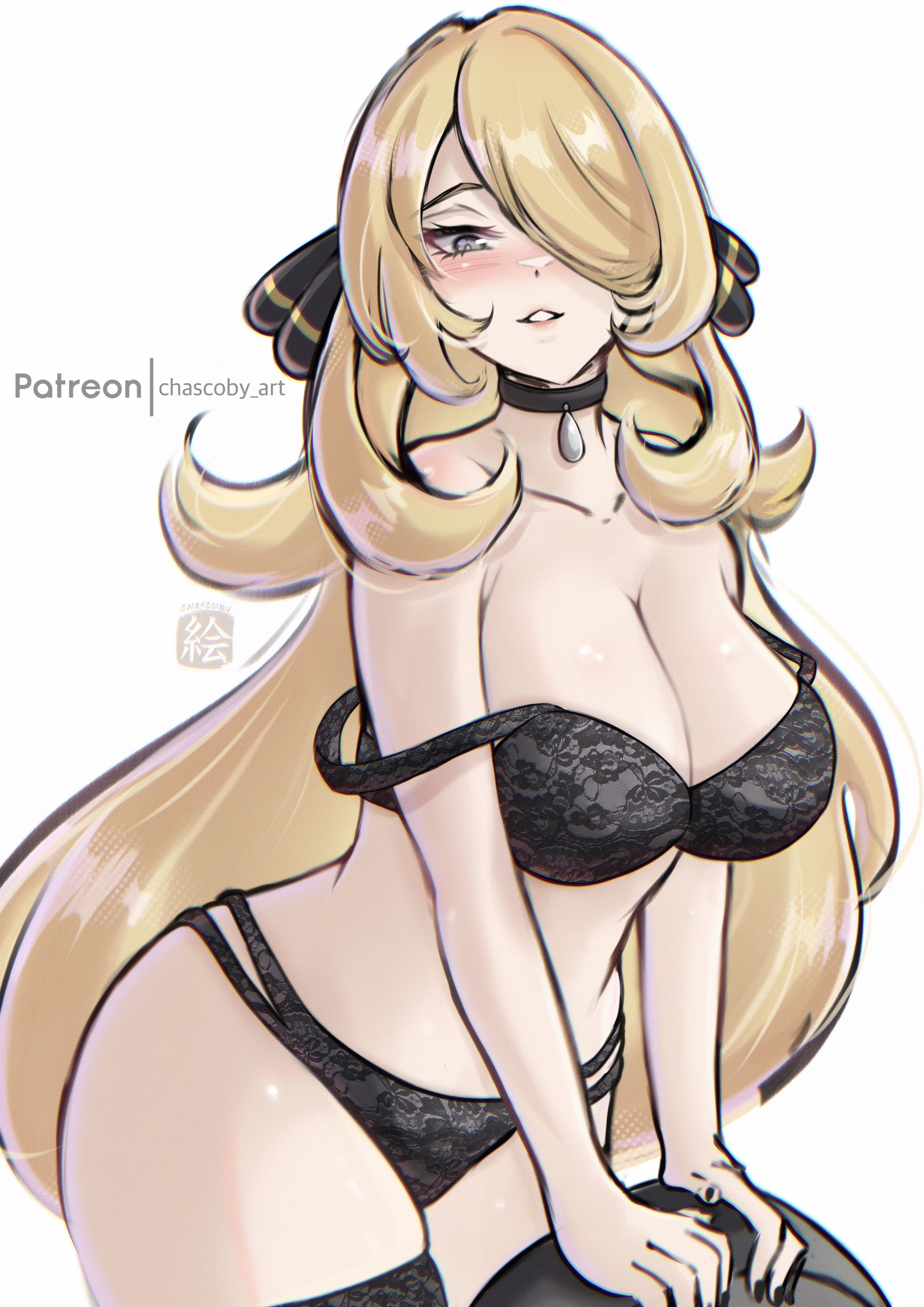 1girls, absurdres, alternate costume, artist name, bare shoulders, black bra, black choker, black nails, black panties, blonde hair, blush, bra, breasts, chascoby, choker, cleavage, collarbone, commentary, creatures (company), cynthia (pokemon), english commentary, female, female only, game freak, grey eyes, hair ornament, hair over one eye, highres, large breasts, lingerie, long hair, looking at viewer, nintendo, panties, pokemon, pokemon dppt, solo, underwear, very long hair, white background