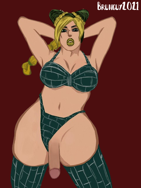 arms_behind_head big_breasts big_thighs futa_only futanari green_bikini green_eyes green_hair green_stockings jojo's_bizarre_adventure jolyne_kujo stockings thick thick_legs thick_thighs