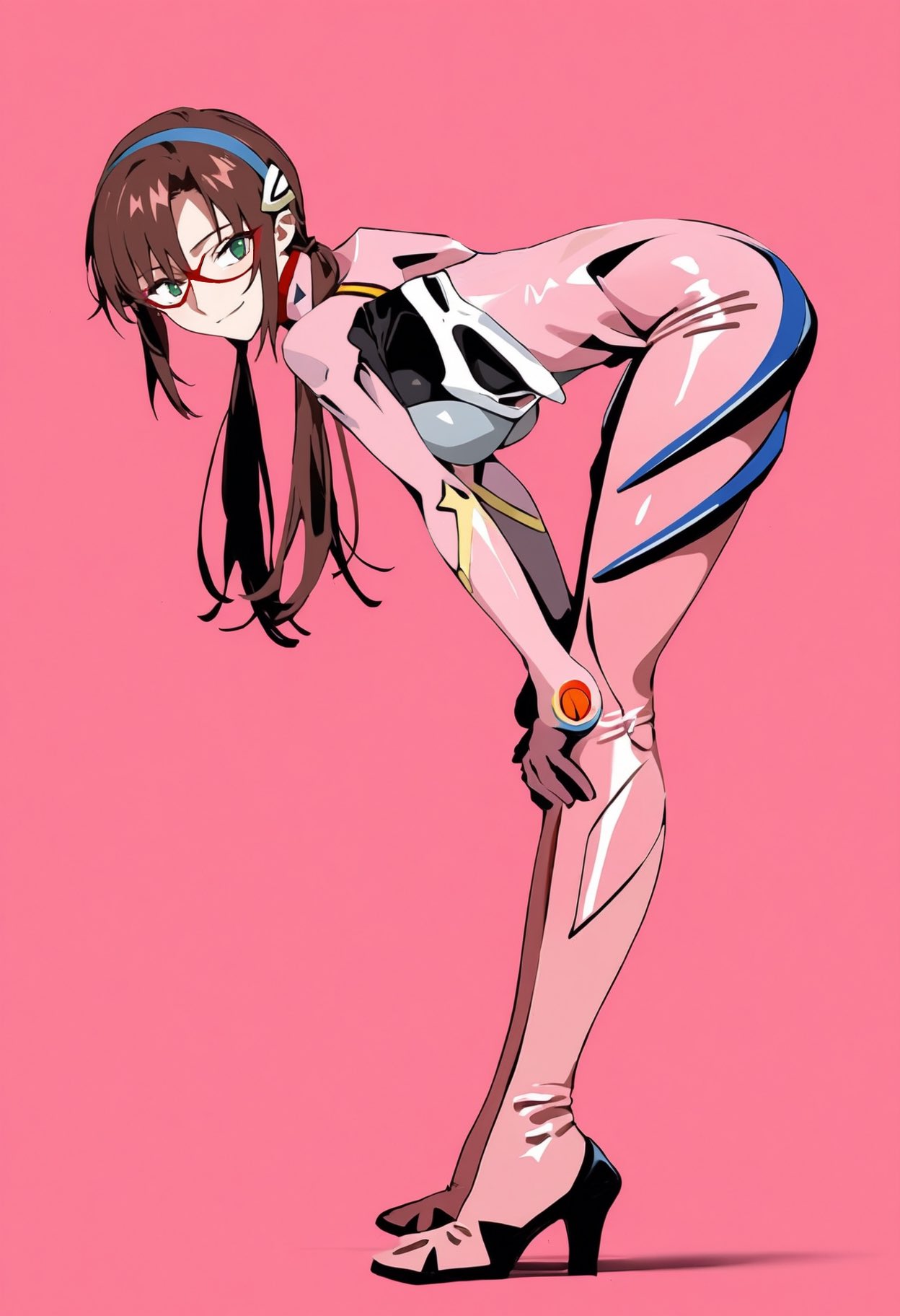 1girls against_wall ai_generated ass brown_hair full_body glasses mari_illustrious_makinami neon_genesis_evangelion nijijourney pink_hair plugsuit shoppy stable_diffusion