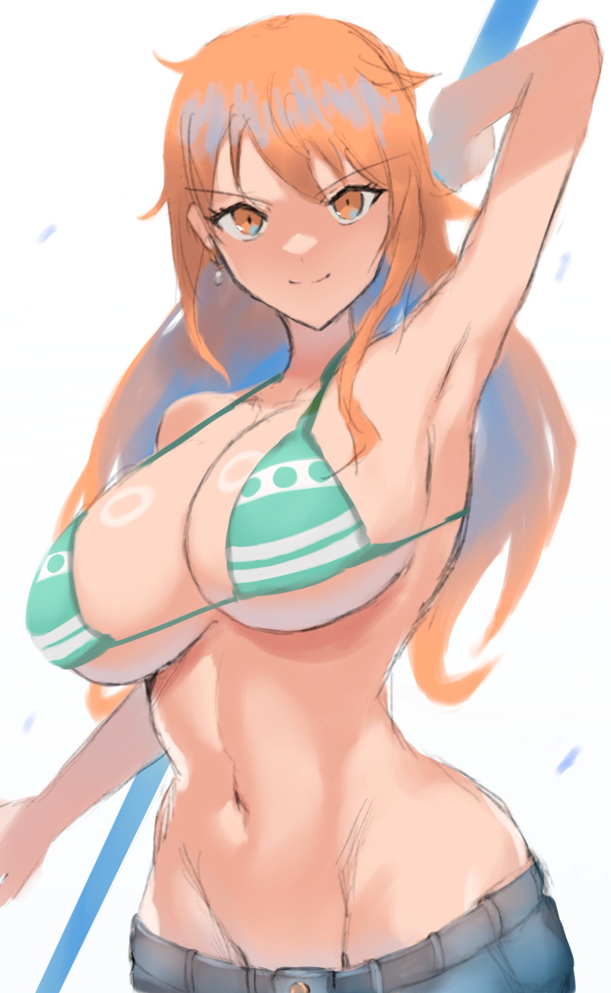 1girls belly_button big_breasts bikini bikini_top breasts busty cleavage clima-tact curvy female female_only fiin36772 fit_female jeans long_hair midriff nami one_piece orange_hair solo striped_bikini tattoo toned toned_female v-line wide_hips