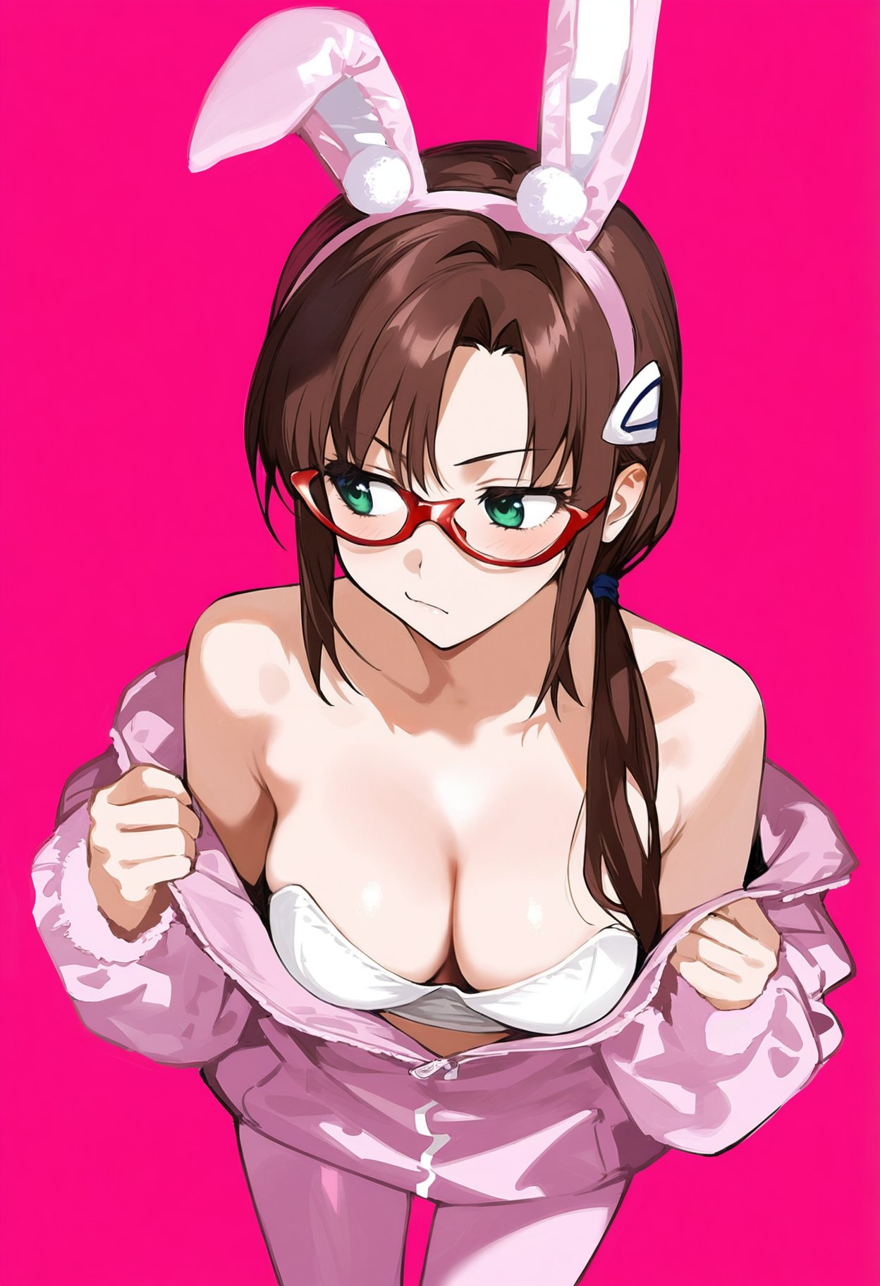 1girls ai_generated alternate_costume blush brown_hair glasses large_breasts mari_illustrious_makinami neon_genesis_evangelion pink_background playboy_bunny shoppy