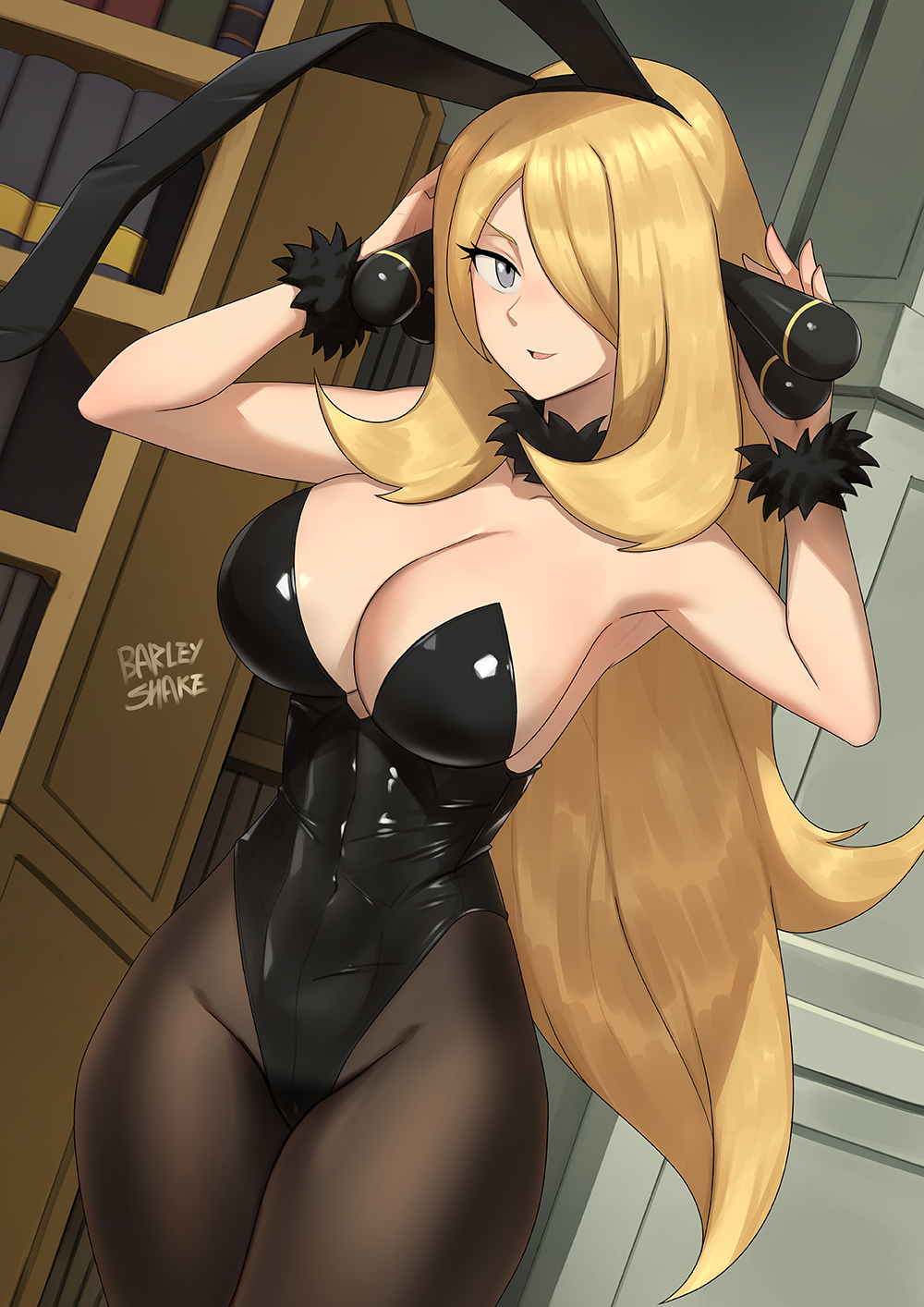 1girls animal_ears barleyshake black_leotard black_pantyhose blonde_hair breasts commentary covered_navel creatures_(company) cynthia_(pokemon) detached_collar english_commentary fake_animal_ears female fur_collar game_freak grey_eyes hair_over_one_eye highleg highleg_leotard highres indoors large_breasts leotard long_hair looking_at_viewer nintendo pantyhose playboy_bunny pokemon pokemon_dppt rabbit_ears solo standing strapless strapless_leotard very_long_hair wrist_cuffs