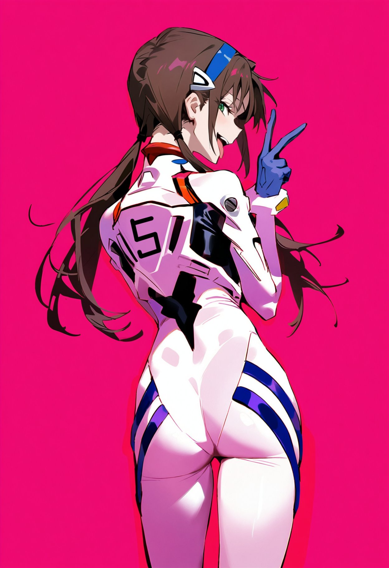 ai_generated ass back brown_hair looking_back mari_illustrious_makinami neon_genesis_evangelion pink_background plugsuit shoppy v