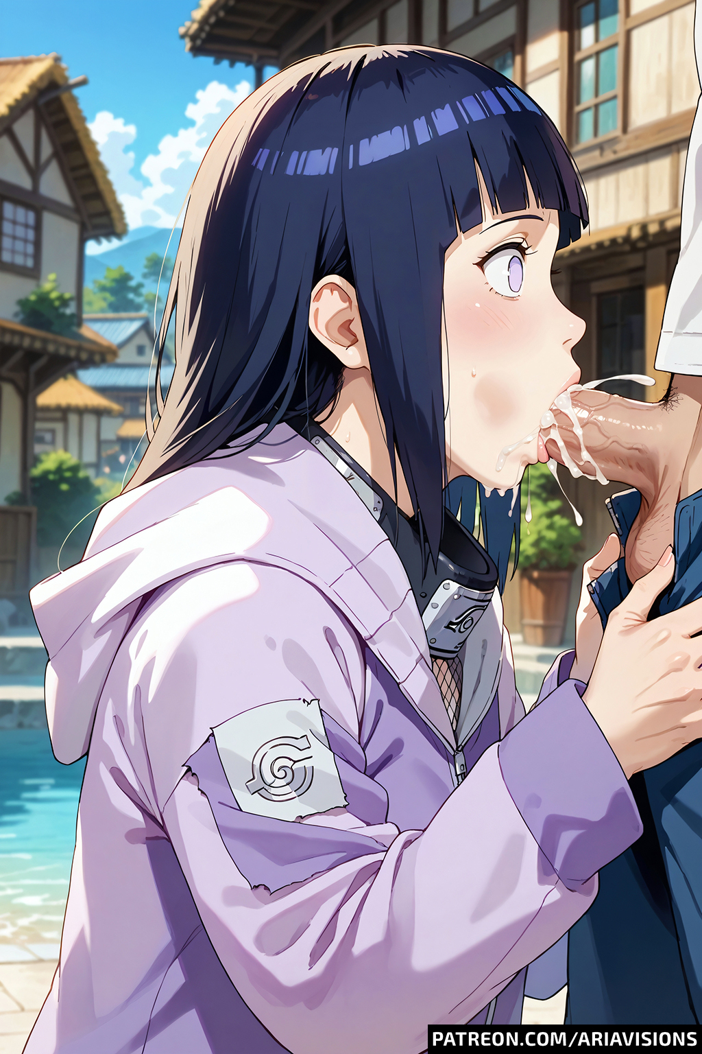 ai_generated ariavisions bangs blowjob cum_in_mouth dark_hair empty_eyes from_side hyuuga_hinata naruto_(series) purple_eyes purple_hair surprised