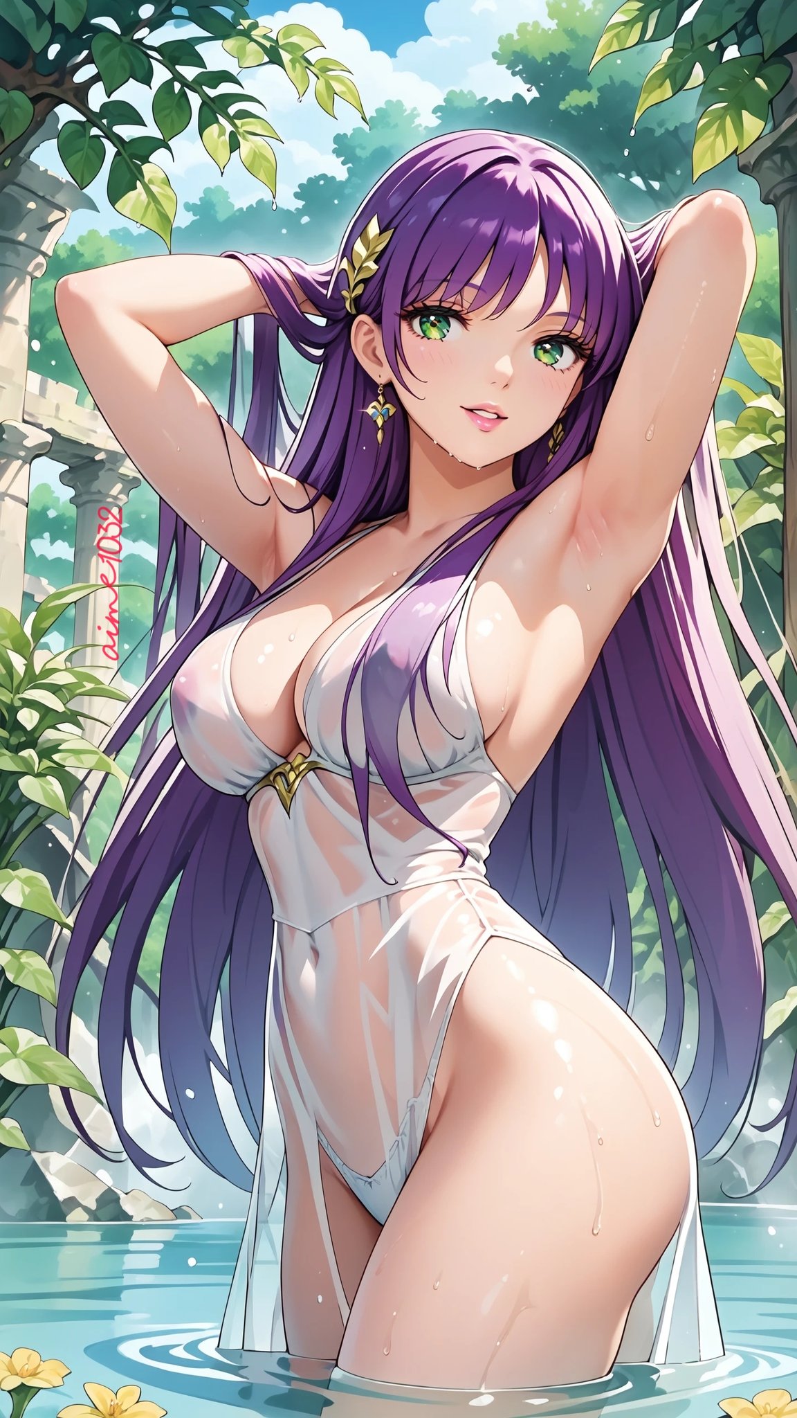 1girls ai_generated ass ass_focus athena_(saint_seiya) breasts breasts_focus deity dress eyebrows eyelashes female female_focus female_only goddess legs light-skinned_female light_skin lips long_hair panties purple_hair saint_seiya saori_kido shounen_jump solo solo_female solo_focus thighs very_long_hair white_dress