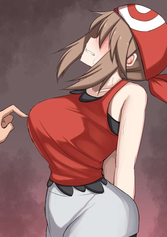 1girls absurdres bandana big_breasts breasts brown_hair embarrassed female game_freak grey_skirt heart highres large_breasts makochan42 may_(pokemon) may_(pokemon_oras) may_(pokemon_rs) nintendo pokemon pokemon_oras pokemon_rse red_bandana red_shirt shirt skirt