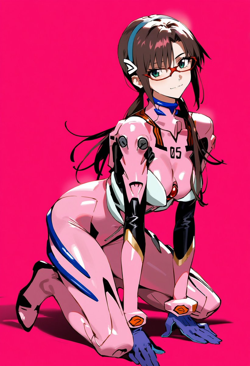 1girls ai_generated brown_hair full_body glasses kneeling mari_illustrious_makinami neon_genesis_evangelion pink_background plugsuit shoppy smile